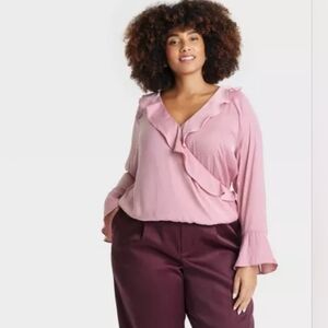 Women's Flounce Long Sleeve V-Neck Ruffle Wrap Blouse - A New Day XXL New